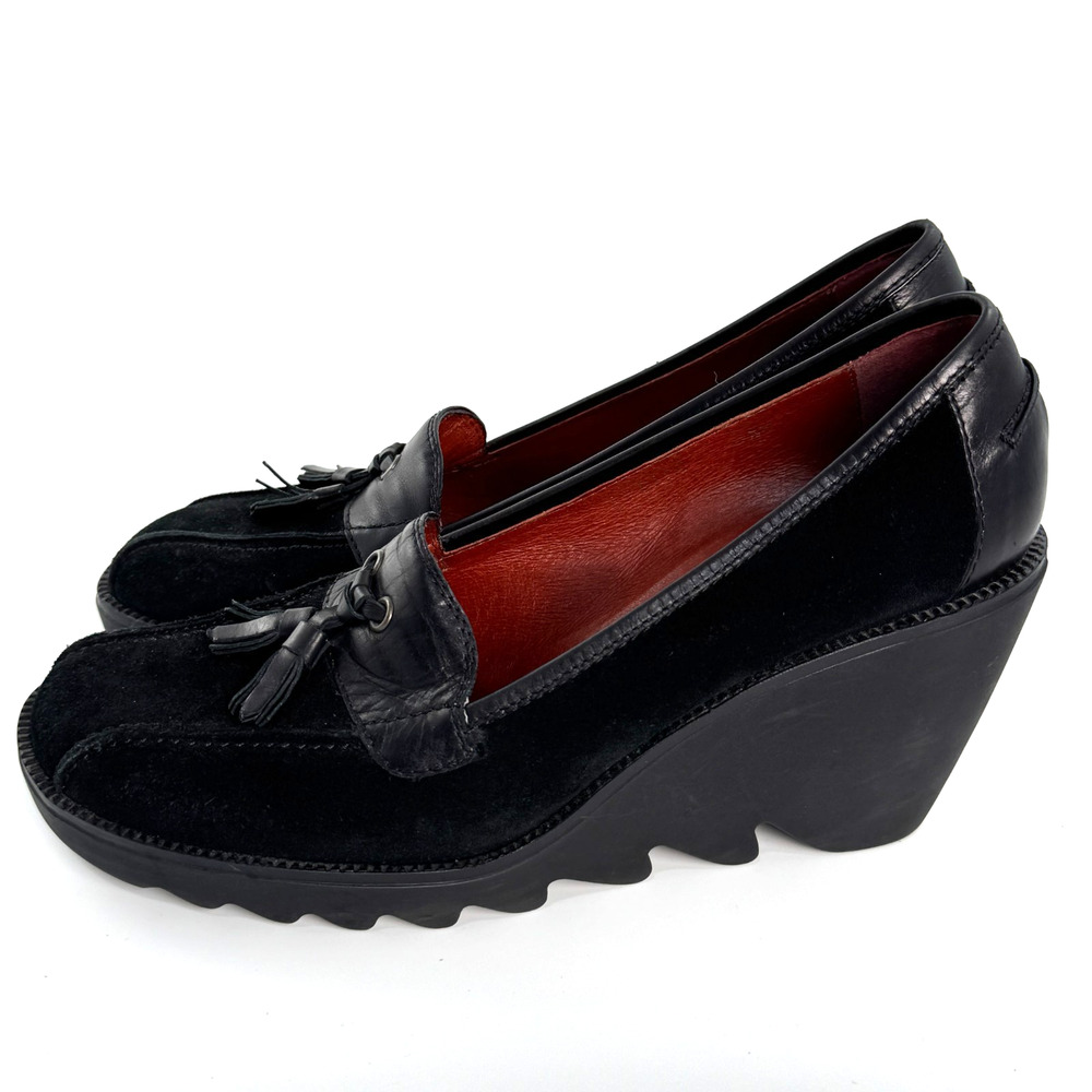Donald Pliner Black Suede Leather Wedge Loafer Shoes Women Size 10 Tassel - Picture 4 of 6
